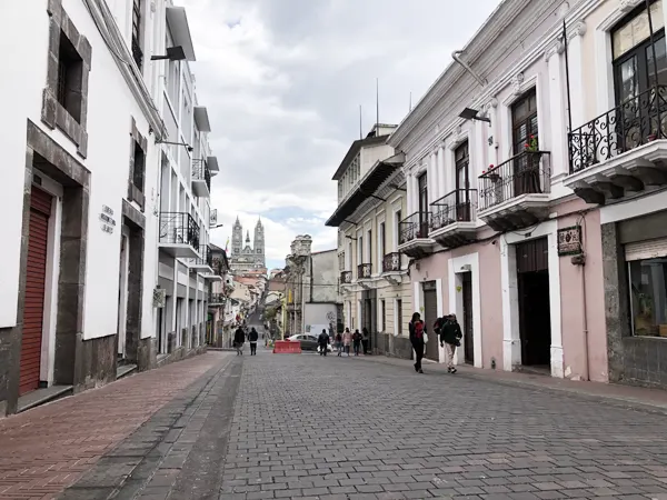 Venezuela Street in Quito's historic center, showcasing colonial architecture